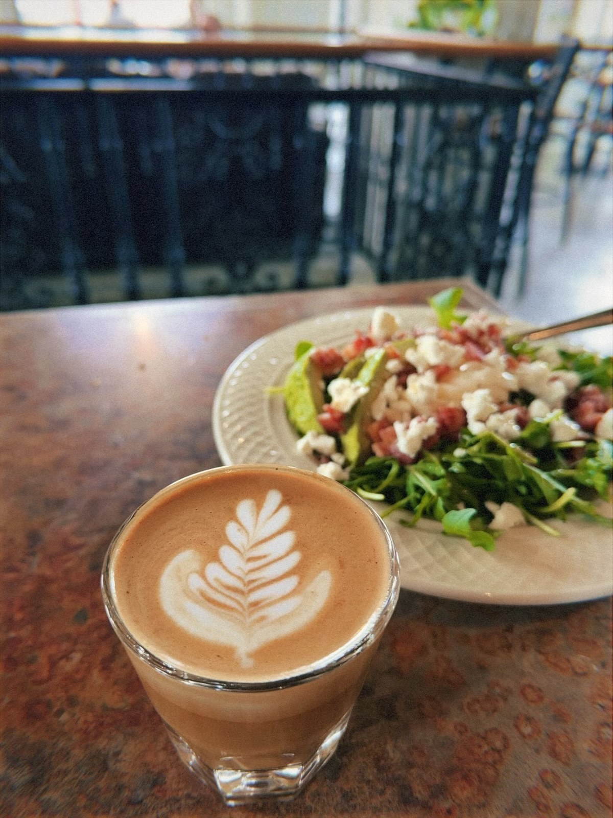 Latte art and fresh salad at Silos and Social